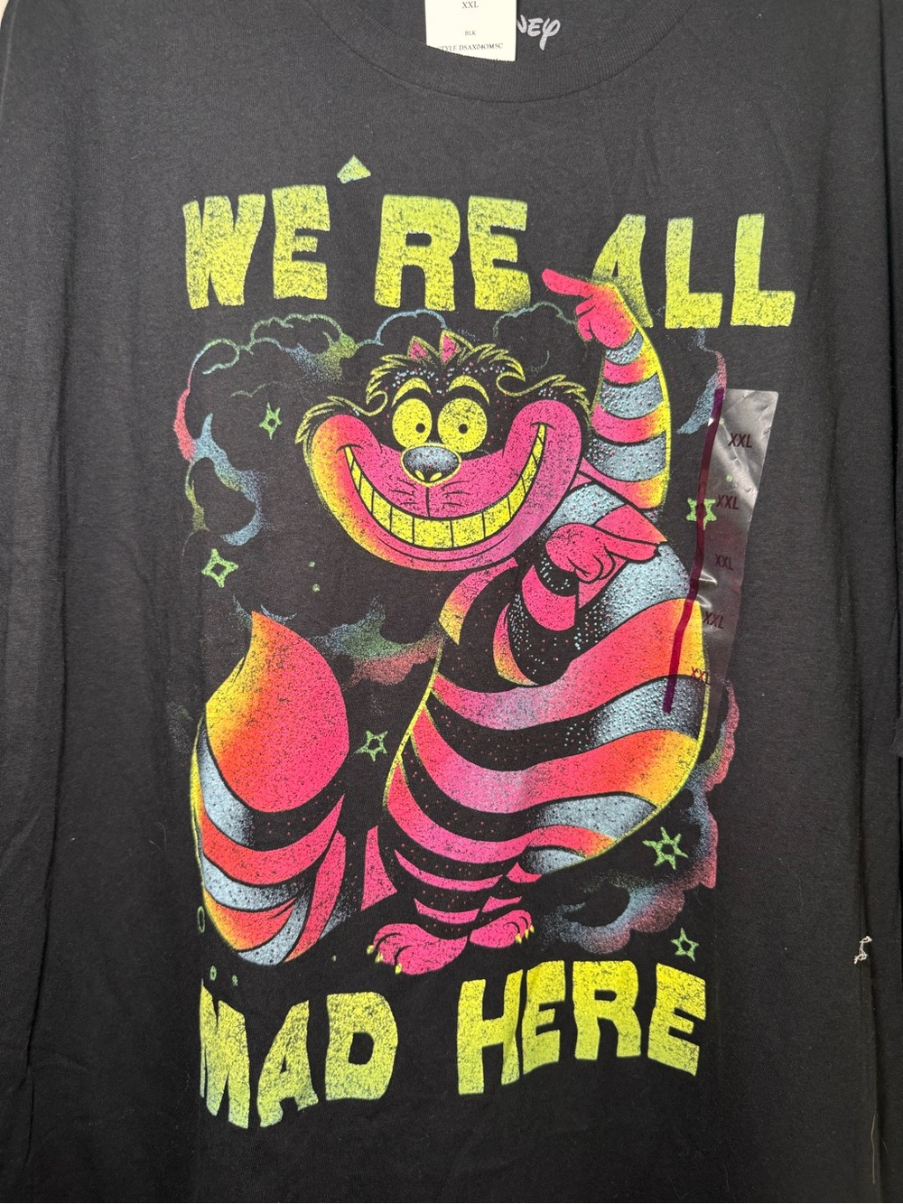 Disney Black Tee Cheshire Cat ‘We’re All Mad Here’ neon print Alice Disney